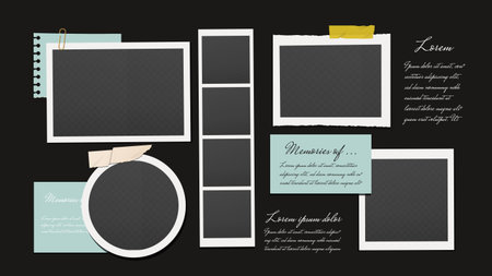 Scrapbook-style collage layout with emptyframes in various shapes, blue paper notes, and decorative tape on a dark background. Vector illustrationのイラスト素材