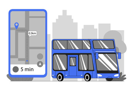 Blue double-decker bus next to a smartphone screen showing navigation with a route and distance on a cityscape background. Concept of public transport tracking. Vector illustrationのイラスト素材