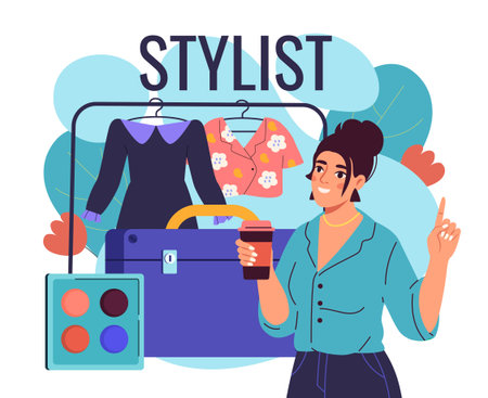 Female stylist holding coffee cup standing near clothing rack with dresses, makeup palette, and suitcase. Colorful flat style on white background. Concept of fashion styling. Vector illustrationのイラスト素材