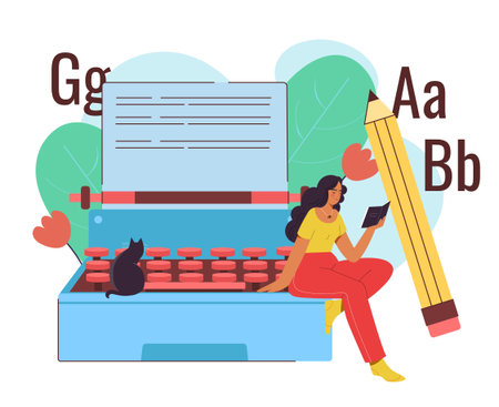 Woman reading a book while sitting on a giant typewriter, with a cat and pencil nearby, letters in background, flat cartoon style, white backdrop. Vector illustrationのイラスト素材