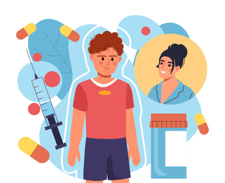 Illustration of a smiling child with vaccine syringe, pills, medicine bottle, and female doctor on abstract background. Concept of child healthcare. Vector illustrationのイラスト素材