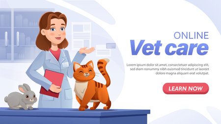 Female veterinarian with a cat and rabbit in clinic setting, friendly cartoon style on white background. Concept of digital pet healthcare. Vector illustrationのイラスト素材