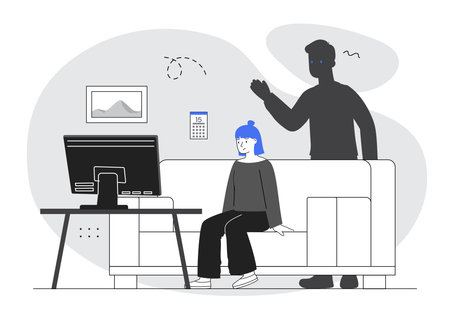 Man waving to a woman sitting on a couch watching TV, minimal flat style with grey tones and blue accents, indoor scene with simple decor. Vector illustrationのイラスト素材