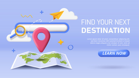 Travel-themed image with a search bar, map, location pin, magnifying glass, and paper plane in a playful cartoon style on a blue background. Vector illustrationのイラスト素材