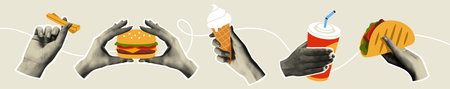 Set of hands holding fast food. Trendy halftone collage with realistic grainy texture hands holding burger, ice cream, soda, taco and fries. Vector illustration collection isolated on backgroundのイラスト素材