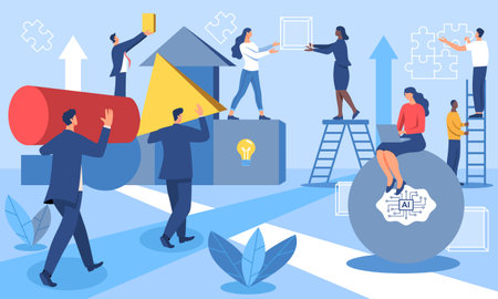 Team building. Banner with office employees and entrepreneurs working together and building strong working relationships to achieve success. Collaboration and partnership. Flat vector illustrationのイラスト素材