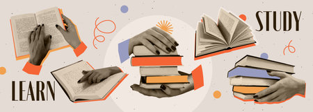 Trendy Halftone Collage. Stickers with realistic black and white human hands holding books. Love of...