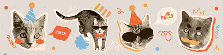 Trendy Halftone Collage. Pop art stickers with cute fluffy cats portraits wearing hats, glasses, and bow ties. Realistic animals with accessories for printing. Abstract vector illustration collectionのイラスト素材