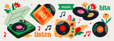 Portable turntable with vinyl LP disc. Set of stickers with vintage retro record players or gramophones for listening to music from old disc. Flat vector illustration collection isolated on backgroundのイラスト素材