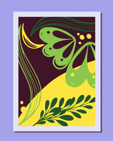 Psychedelic flowers poster. Green butterflies and leaves. Bloom and blossom plants. Abstract creativity and art. Cover or banner. Flat vector illustration isolated on violet backgroundのイラスト素材