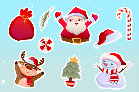 Christmas stickers set. Santa claus, deer, snowman and Christmas tree. Happy New Year and Xmas. Presents and gifts. Noel eve celebration. Flat vector collection isolated on blue backgroundのイラスト素材