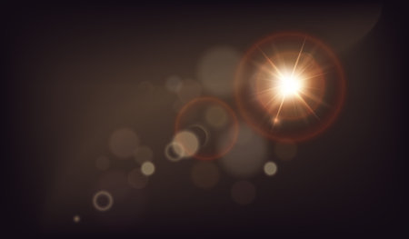Light on black. Flare and glow. Shiny spark and glitter. Sunlight, sunburst and sunbeam. Yellow spotlight ray. Camera effect for overlay. Realistic vector illustrationのイラスト素材