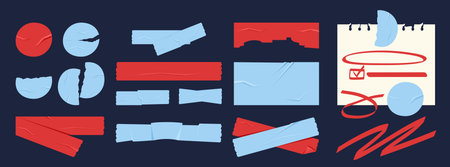Red and blue adhesive tapes set. Torn stickers and memo. Bright ripped rounds of scotch. Paper strips, pieces for text. Flat vector collection isolated on dark backgroundのイラスト素材