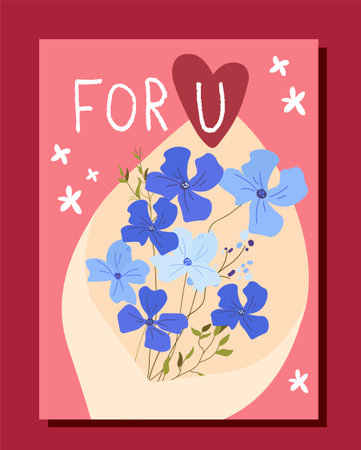 Happy Valentines Day postcard. Blue flowers with inscription for u. Romantic gift or present. Greeting card. Holiday and festival. Flat vector illustration isolated on red backgroundのイラスト素材