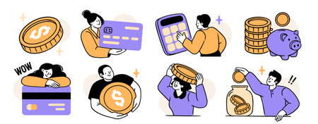 Financial management. Set of men and women saving and investing money, holding coins and bank card. Financial literacy and budgeting. Flat outline vector illustration collection isolated on backgroundのイラスト素材