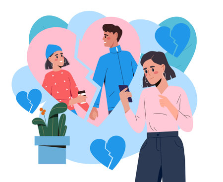 Woman with broken heart. Young girl with smartphone near broken heart. Relationship breakup, argument, and conflict. Frustration, depression, and loneliness. Flat vector illustrationのイラスト素材