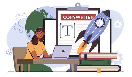 Female copywriter concept. Woman with laptop near website. SMM and SEO specialist fills website pages with content. Freelancer and remote worker, earning money online. Flat vector illustrationのイラスト素材