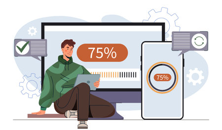 Device synchronization concept. Man with tablet near smartphone and computer. Cloud service concept. Programmer and IT specialist with gadgets. Flat vector illustrationのイラスト素材