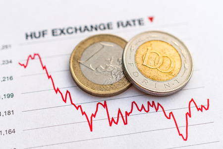 Hungarian forint euro exchange rate: Hungarian forint and euro coins placed on a red graph showing decrease in currency exchange rateの写真素材