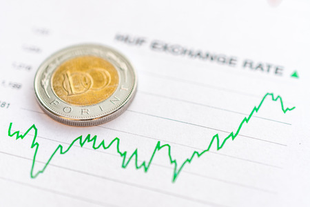 Hungarian forint exchange rate: Hungarian forint coin placed on a green graph showing growth in...