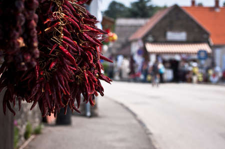 Street market and red paprika pepper sellingの写真素材