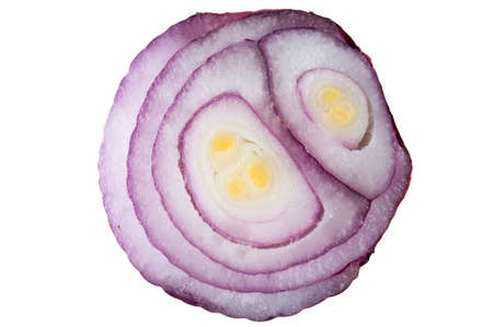 Cut fresh red onion macro isolated on white background