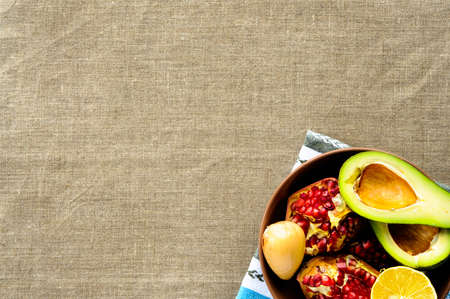 Top view of healthy breakfast on white wooden backgroundの写真素材