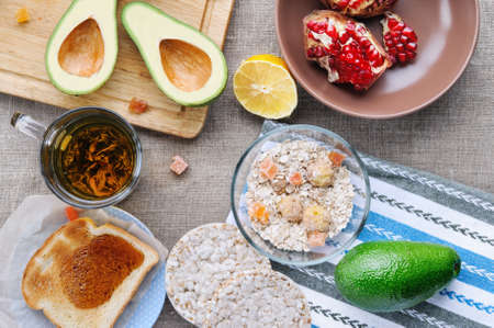 Top view of healthy breakfast on linen fabric clothの写真素材