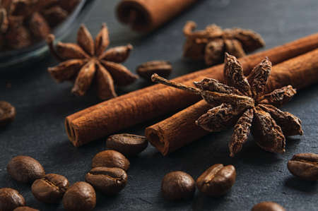 Brown ingredients macro: anise star, cinnamon sticks and coffee beansの写真素材