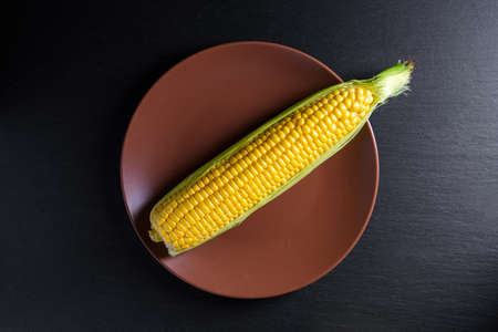 Corn ear on brown plate. Concept top viewの写真素材