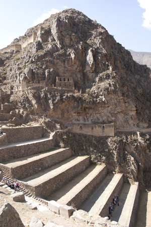 A view of the Inca fortress in Ollantaytambo archeological site in Cuzco Peruの写真素材