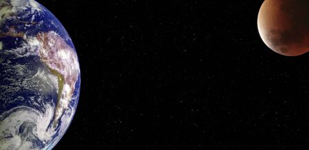 Planet earth and eclipsed blood supermoon from the space at night stock photo