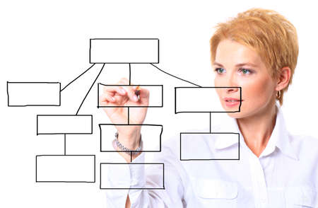 Attractive businesswoman writing a diagram.Isolated on white backgroun