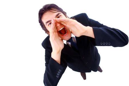 Closeup portrait of a young man screaming out loud on a white background