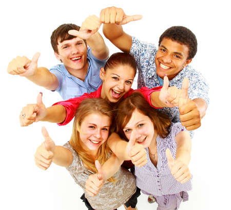 casual group of happy people isolated over white