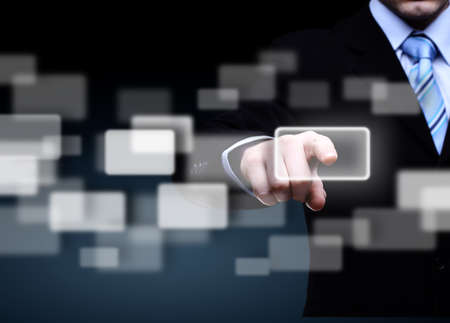 man with interface in futuristic interiorの写真素材