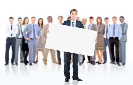 Business man with a banner and his business team