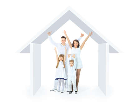 Happy family in a house. Isolated over a white backgrounの写真素材