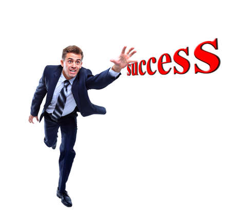 Happy running businessman. Isolated on white background.の写真素材