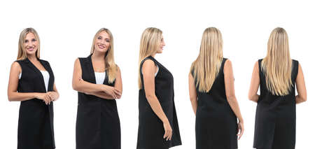 Portrait of young happy smiling businesswoman isolated against white background
