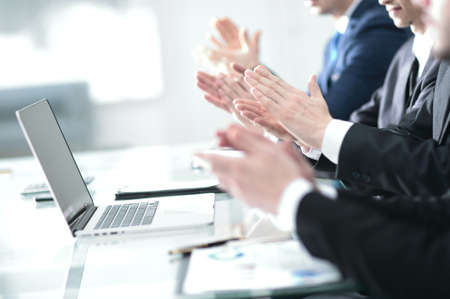 Male hands applauding after presentation of project at conferencの写真素材
