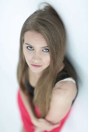 professional model girl in red dressの写真素材