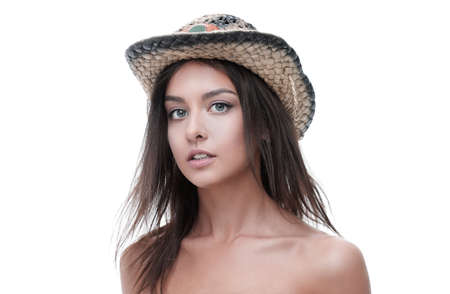 Portrait of a beautiful young woman in cowboy hatの写真素材