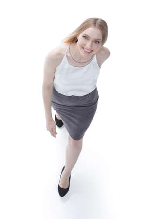 view from above. successful young business woman is moving forward. business concept.の写真素材