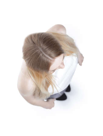 view from above. successful young business woman looking forward.の写真素材