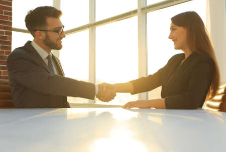 Friendly smiling business people  handshaking after pleasant tal