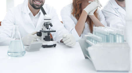 background image is a group of scientists microbiologists.の写真素材