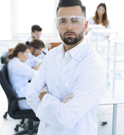 scientist microbiologist in the laboratory background.の写真素材
