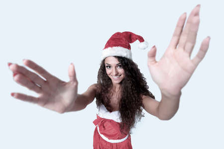 Young christmas woman show white backgroundの写真素材