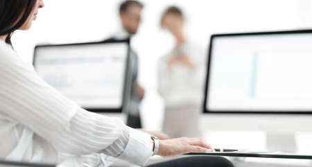 close-up of a work desk in a modern office. business concept.の写真素材